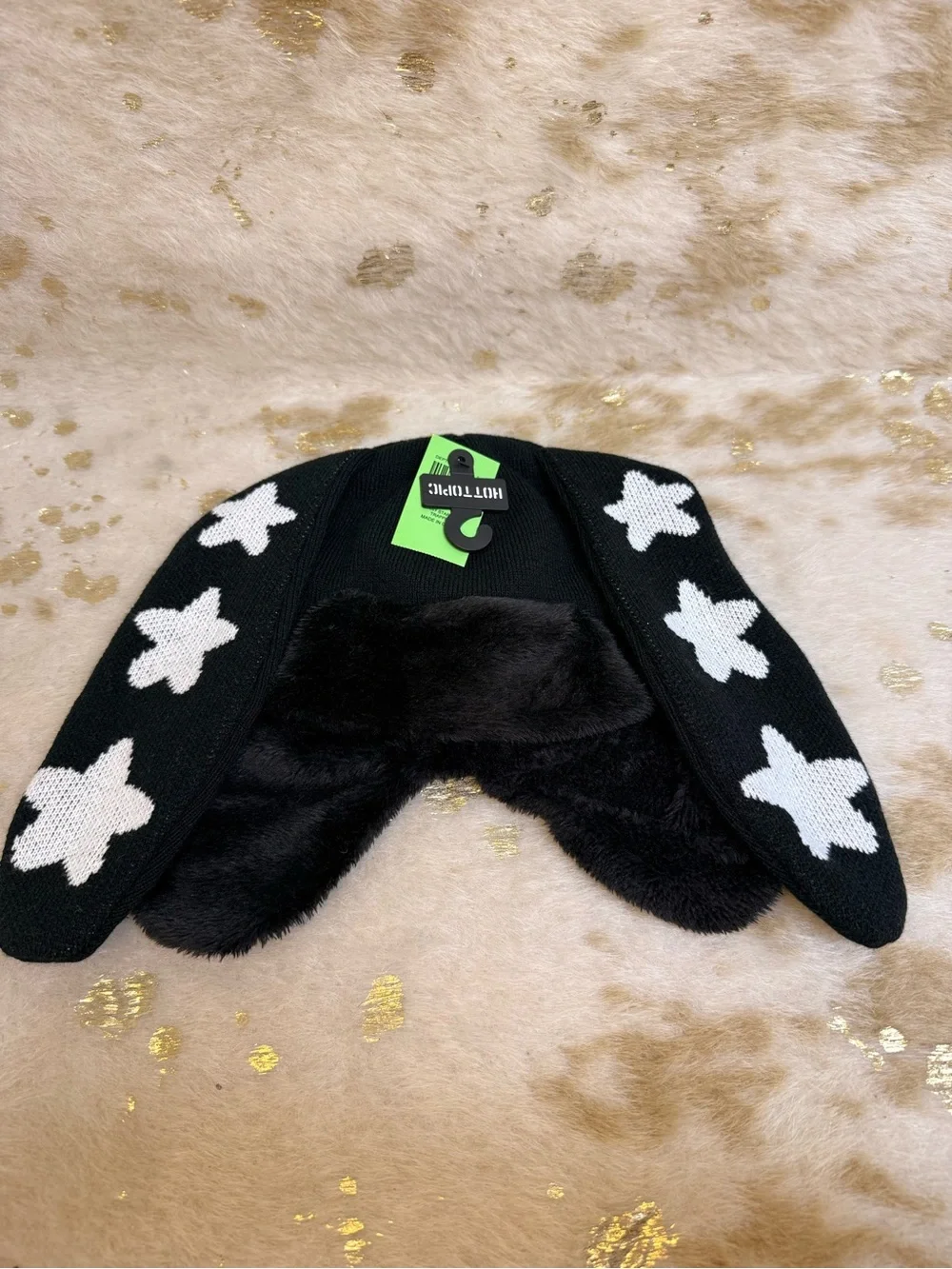 Hot Topic Bunny Star Ears Trapper Hat Black White Faux Fur NWT